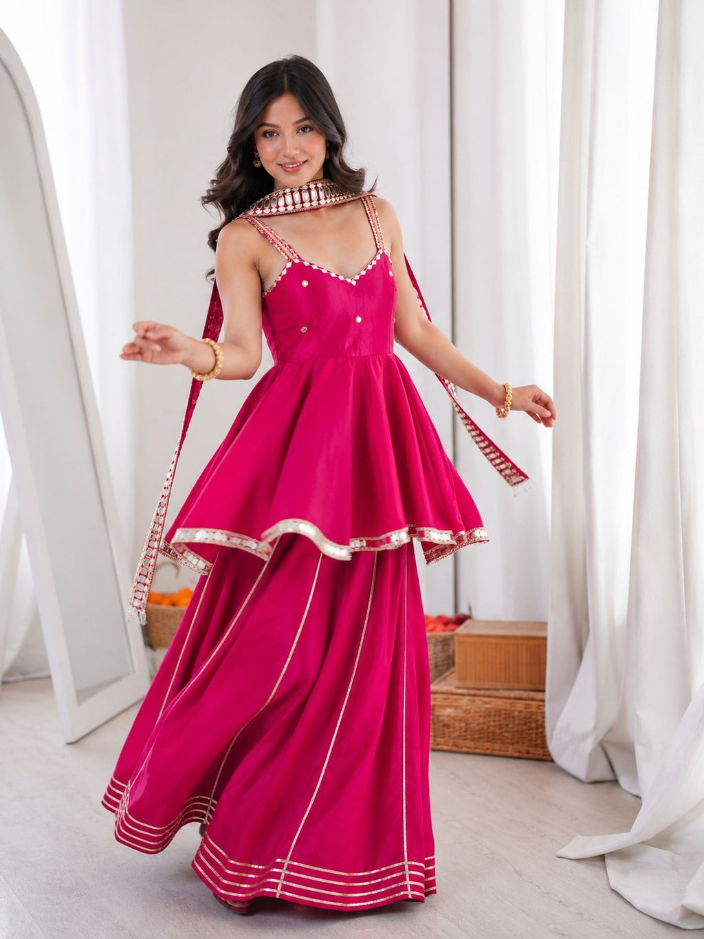 Rani Pink Contemporary Ethnic Peplum Sharara with Designer Mirror Border Dupatta