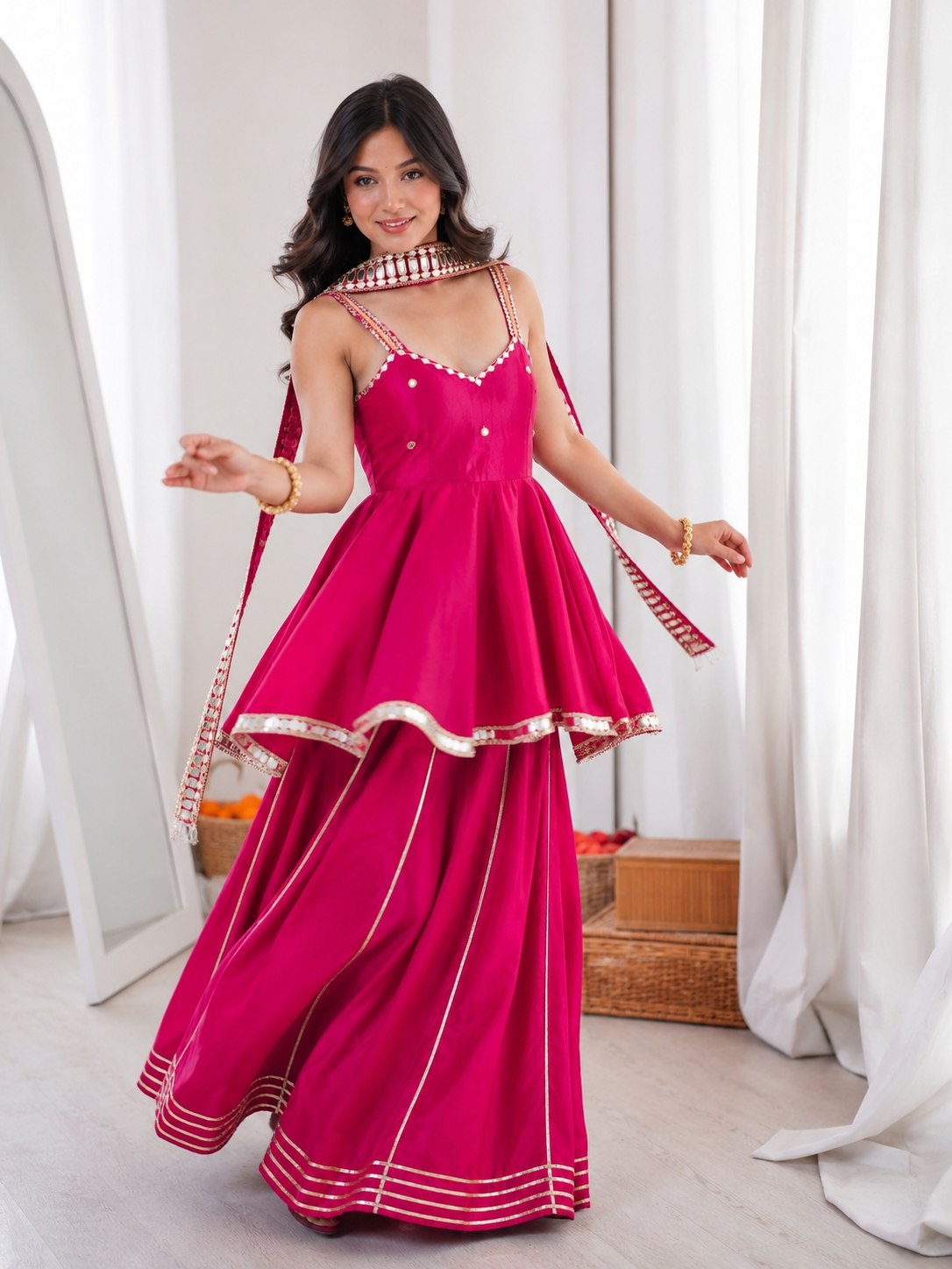 Rani Pink Contemporary Ethnic Peplum Sharara with Designer Mirror Border Dupatta