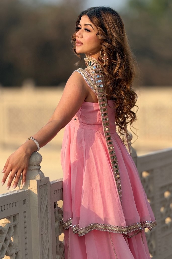 Rani Pink Contemporary Ethnic Peplum Sharara with Designer Mirror Border Dupatta