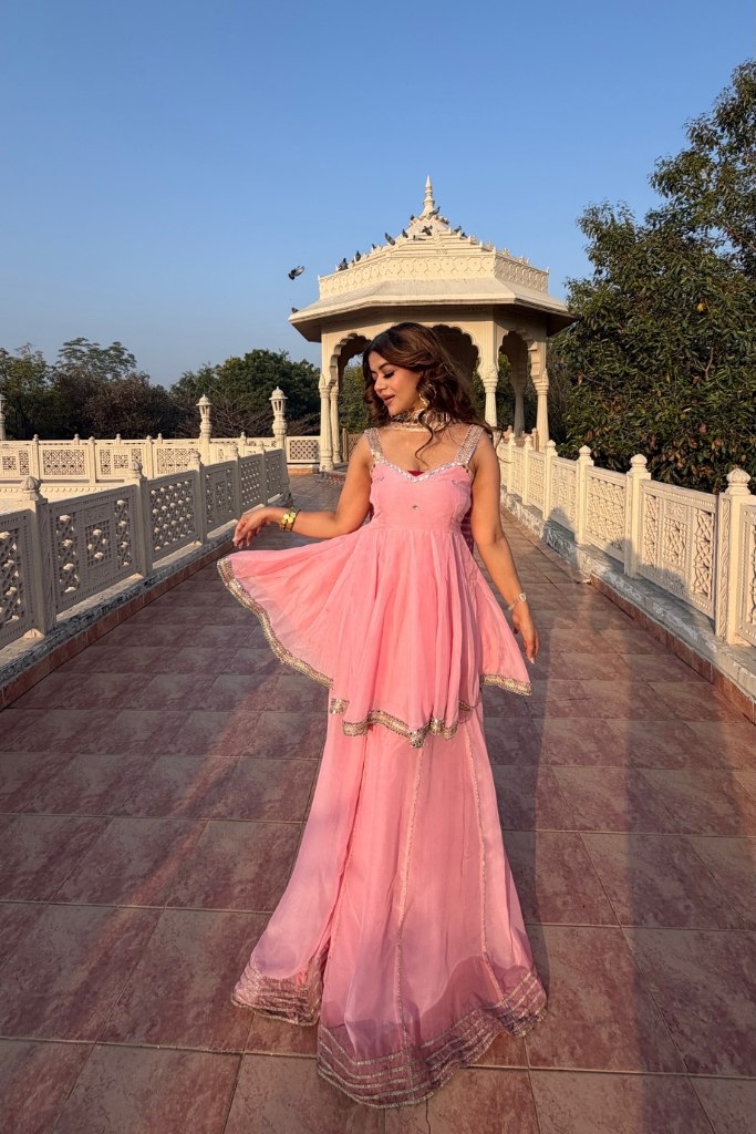 Rani Pink Contemporary Ethnic Peplum Sharara with Designer Mirror Border Dupatta