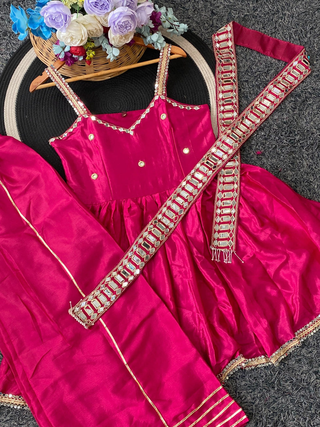 Rani Pink Contemporary Ethnic Peplum Sharara with Designer Mirror Border Dupatta