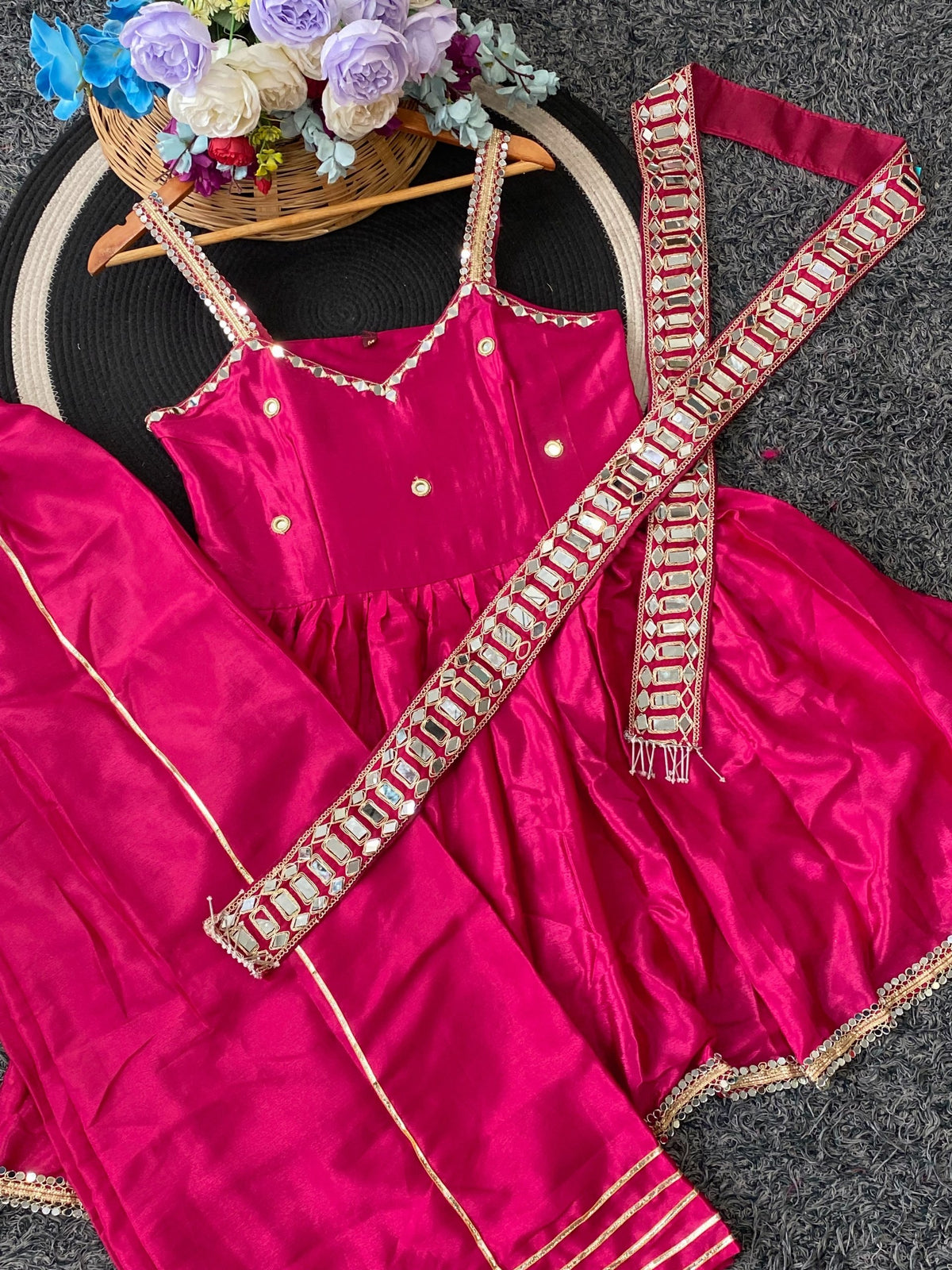 Rani Pink Contemporary Ethnic Peplum Sharara with Designer Mirror Border Dupatta