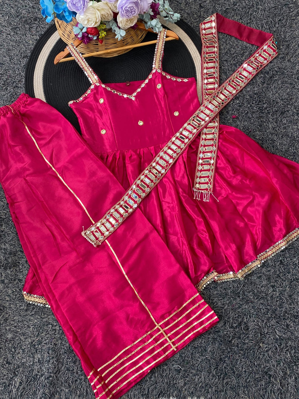 Rani Pink Contemporary Ethnic Peplum Sharara with Designer Mirror Border Dupatta