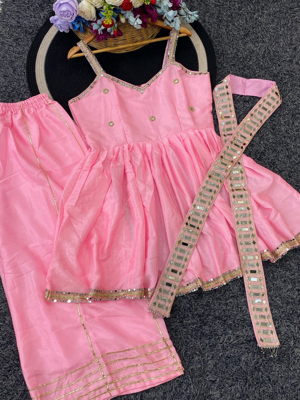 Rani Pink Contemporary Ethnic Peplum Sharara with Designer Mirror Border Dupatta