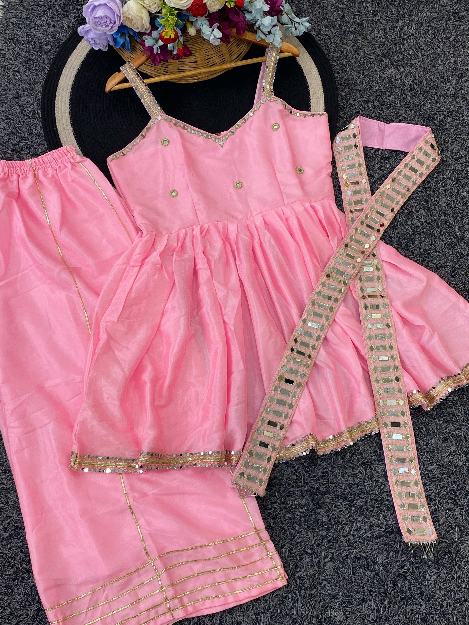 Rani Pink Contemporary Ethnic Peplum Sharara with Designer Mirror Border Dupatta