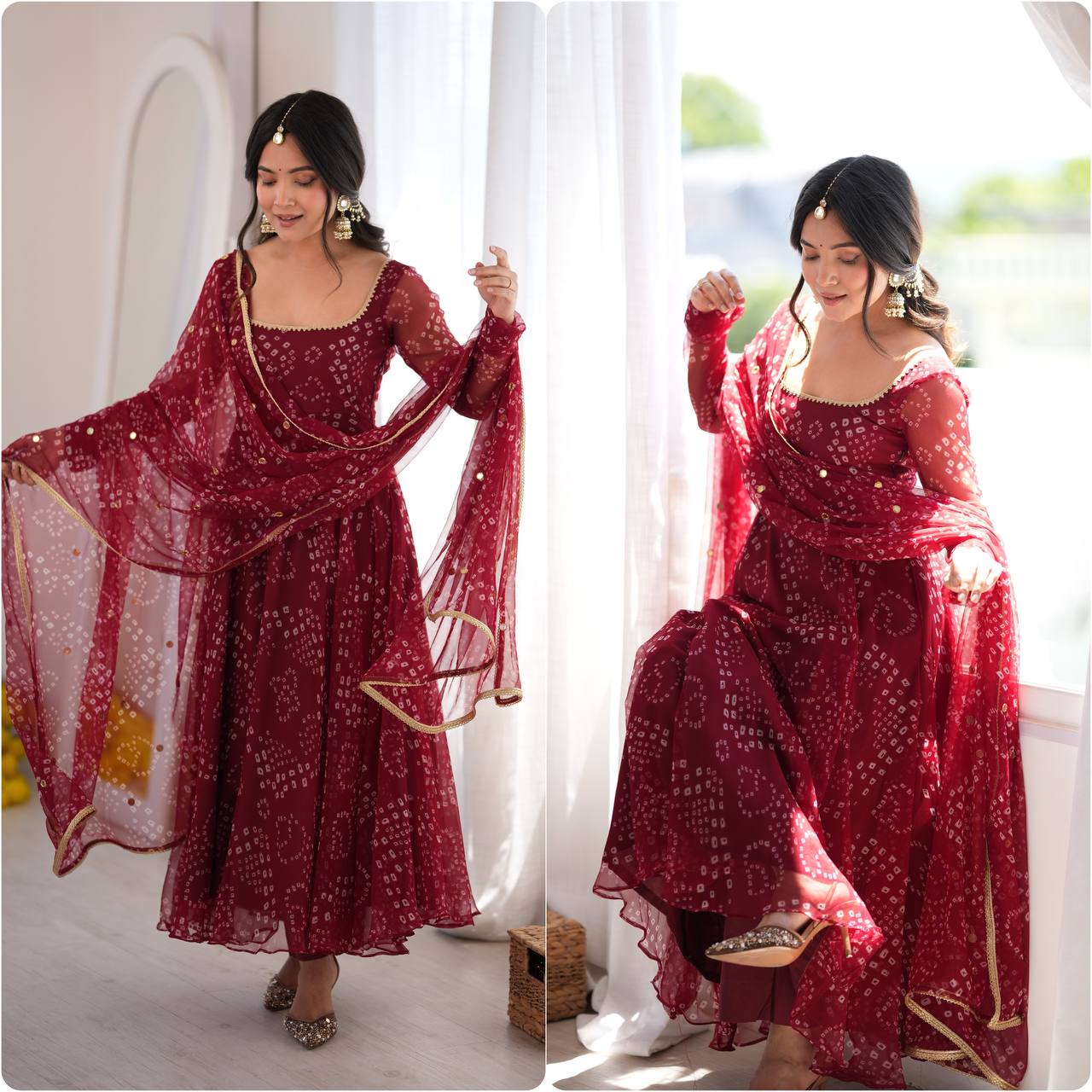 Royal Wine Bandhani Anarkali Gown with Mirror Embellishments & Sheer Dupatta