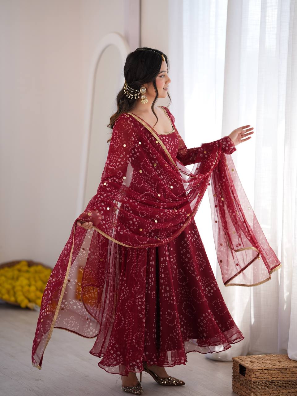Royal Wine Bandhani Anarkali Gown with Mirror Embellishments & Sheer Dupatta