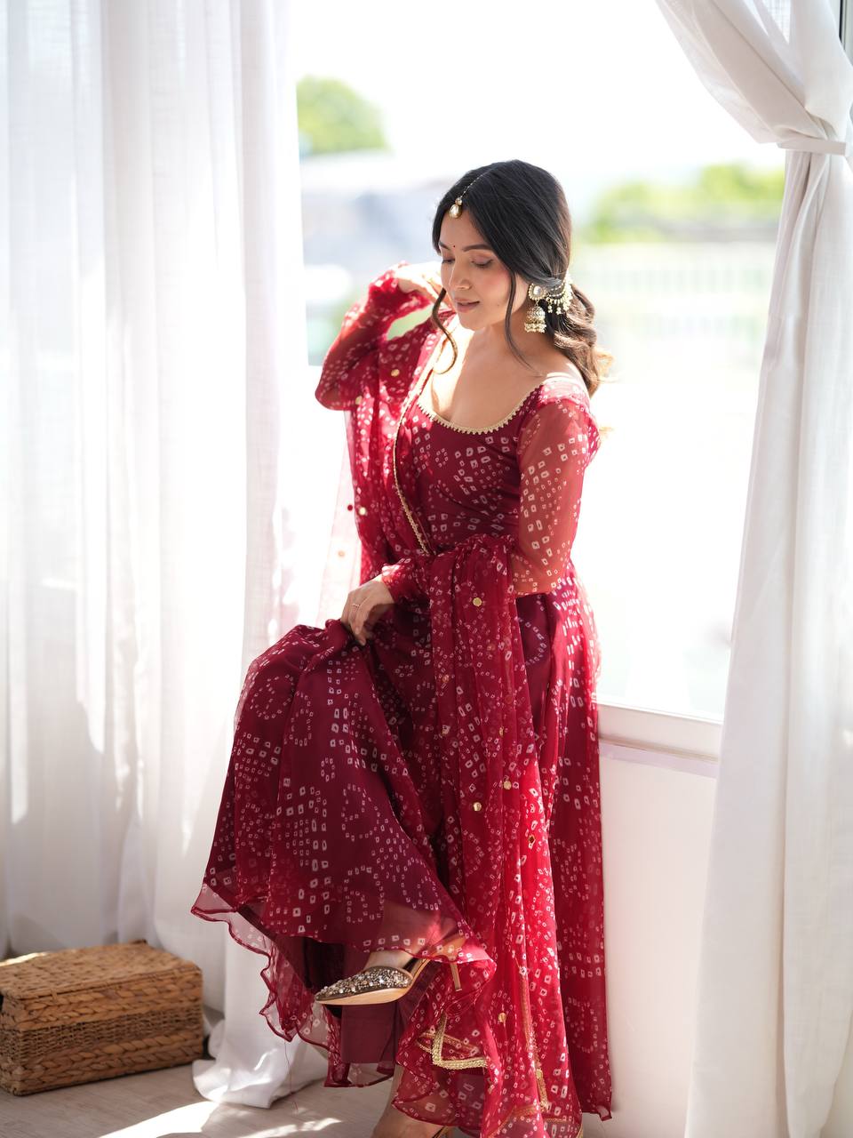 Royal Wine Bandhani Anarkali Gown with Mirror Embellishments & Sheer Dupatta