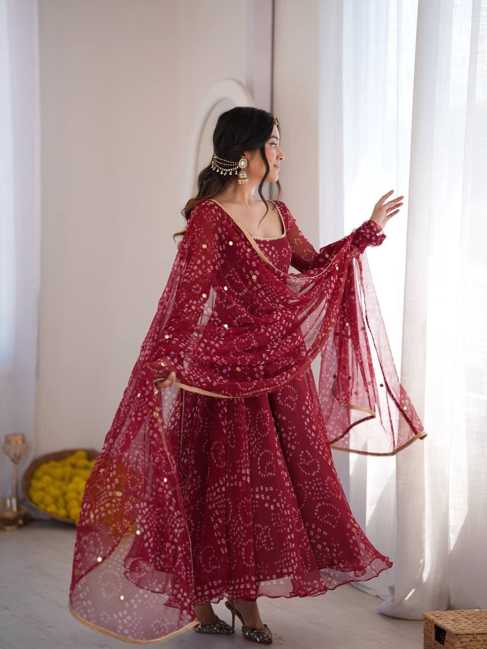 Royal Wine Bandhani Anarkali Gown with Mirror Embellishments & Sheer Dupatta