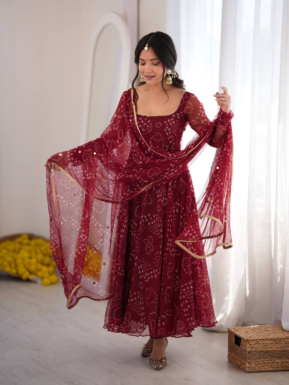 Royal Wine Bandhani Anarkali Gown with Mirror Embellishments & Sheer Dupatta
