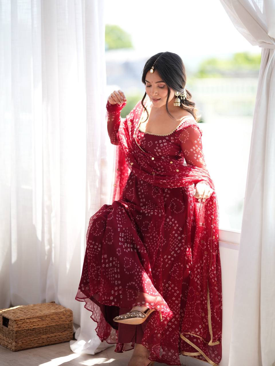 Royal Wine Bandhani Anarkali Gown with Mirror Embellishments & Sheer Dupatta