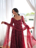 Royal Wine Bandhani Anarkali Gown with Mirror Embellishments & Sheer Dupatta