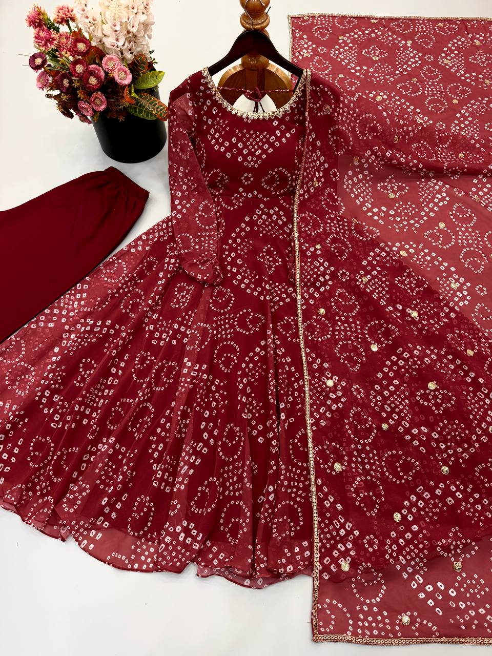 Royal Wine Bandhani Anarkali Gown with Mirror Embellishments & Sheer Dupatta