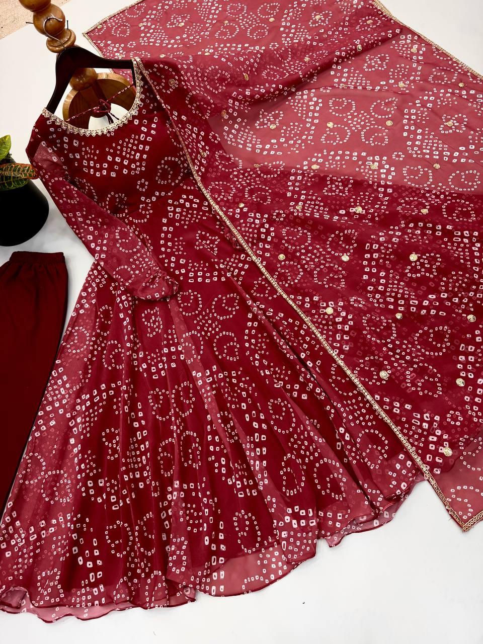 Royal Wine Bandhani Anarkali Gown with Mirror Embellishments & Sheer Dupatta