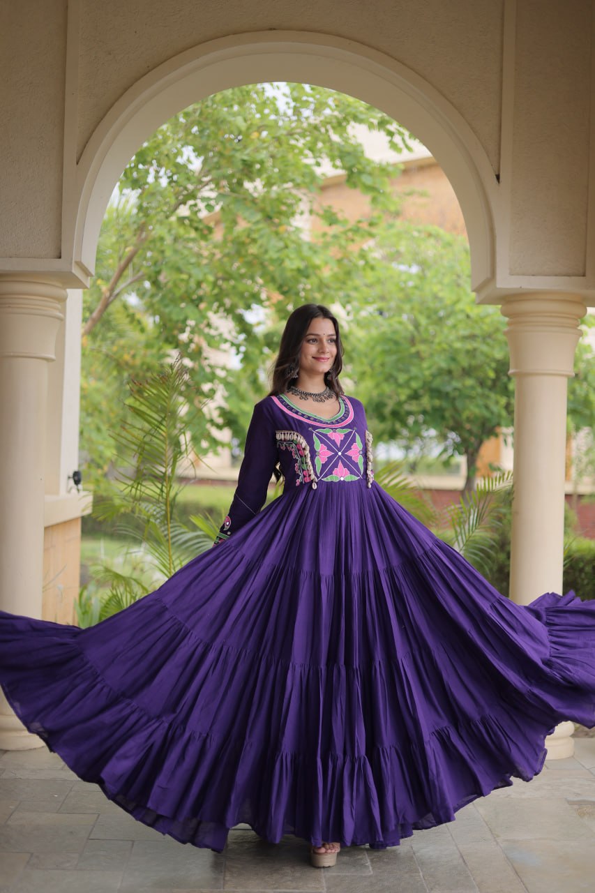 Royal Deep Purple Floral Embroidered Yoke Anarkali Gown with Grand Flared Ghera