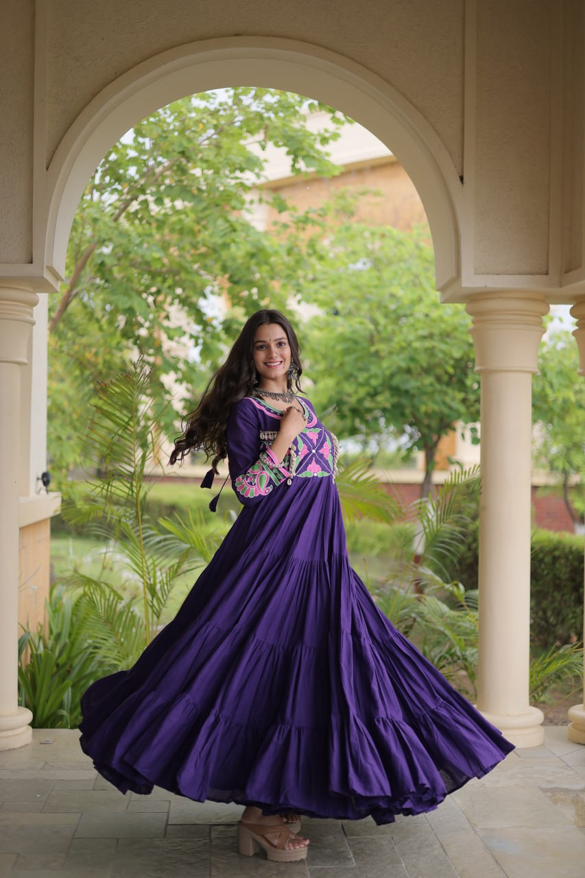 Royal Deep Purple Floral Embroidered Yoke Anarkali Gown with Grand Flared Ghera