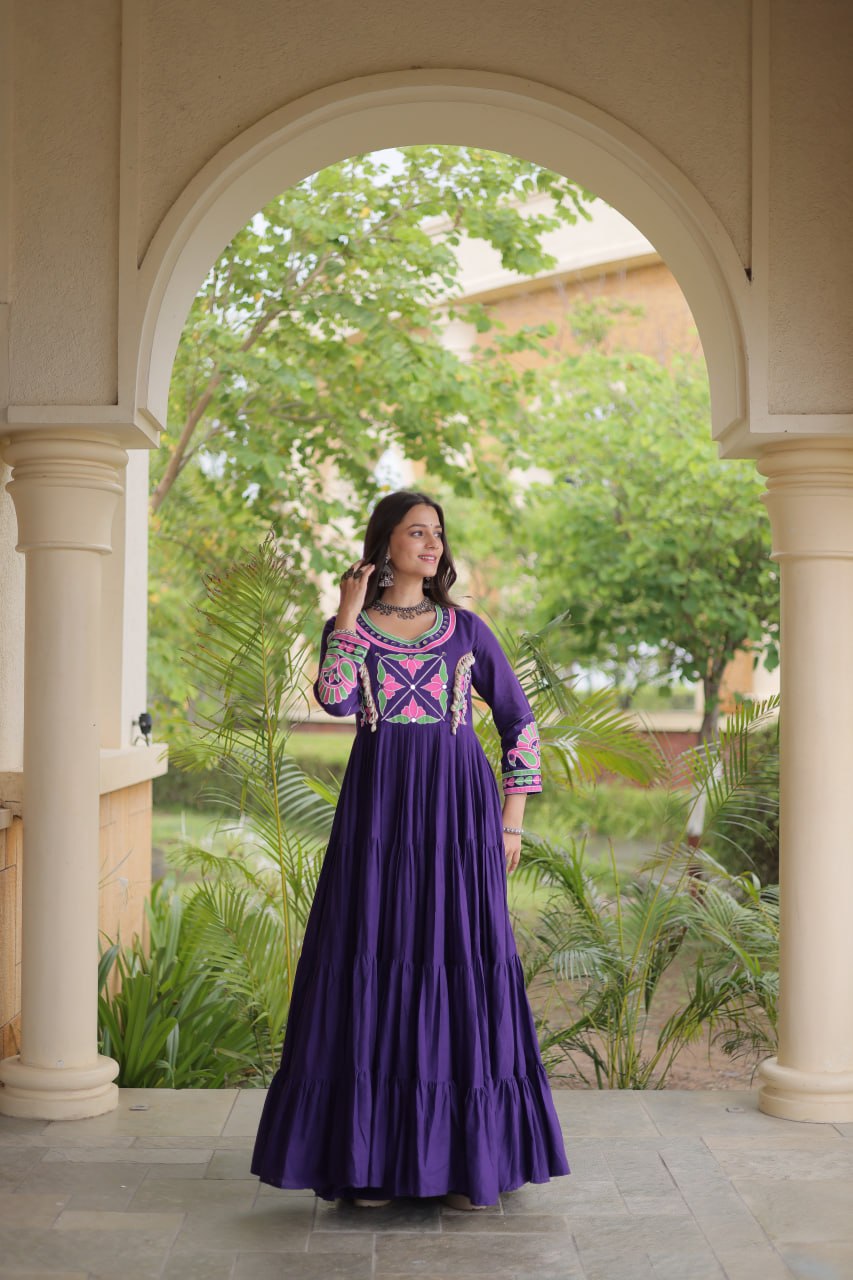 Royal Deep Purple Floral Embroidered Yoke Anarkali Gown with Grand Flared Ghera