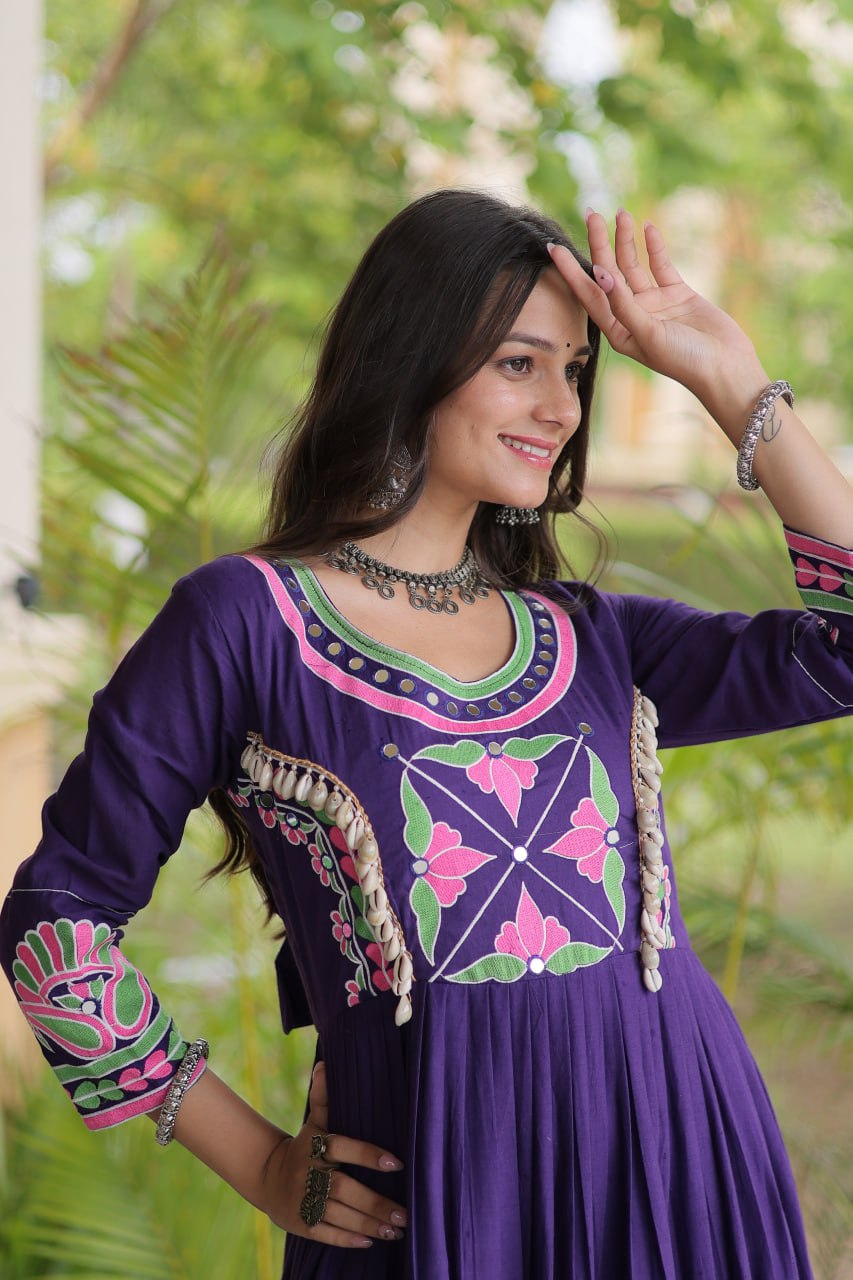 Royal Deep Purple Floral Embroidered Yoke Anarkali Gown with Grand Flared Ghera
