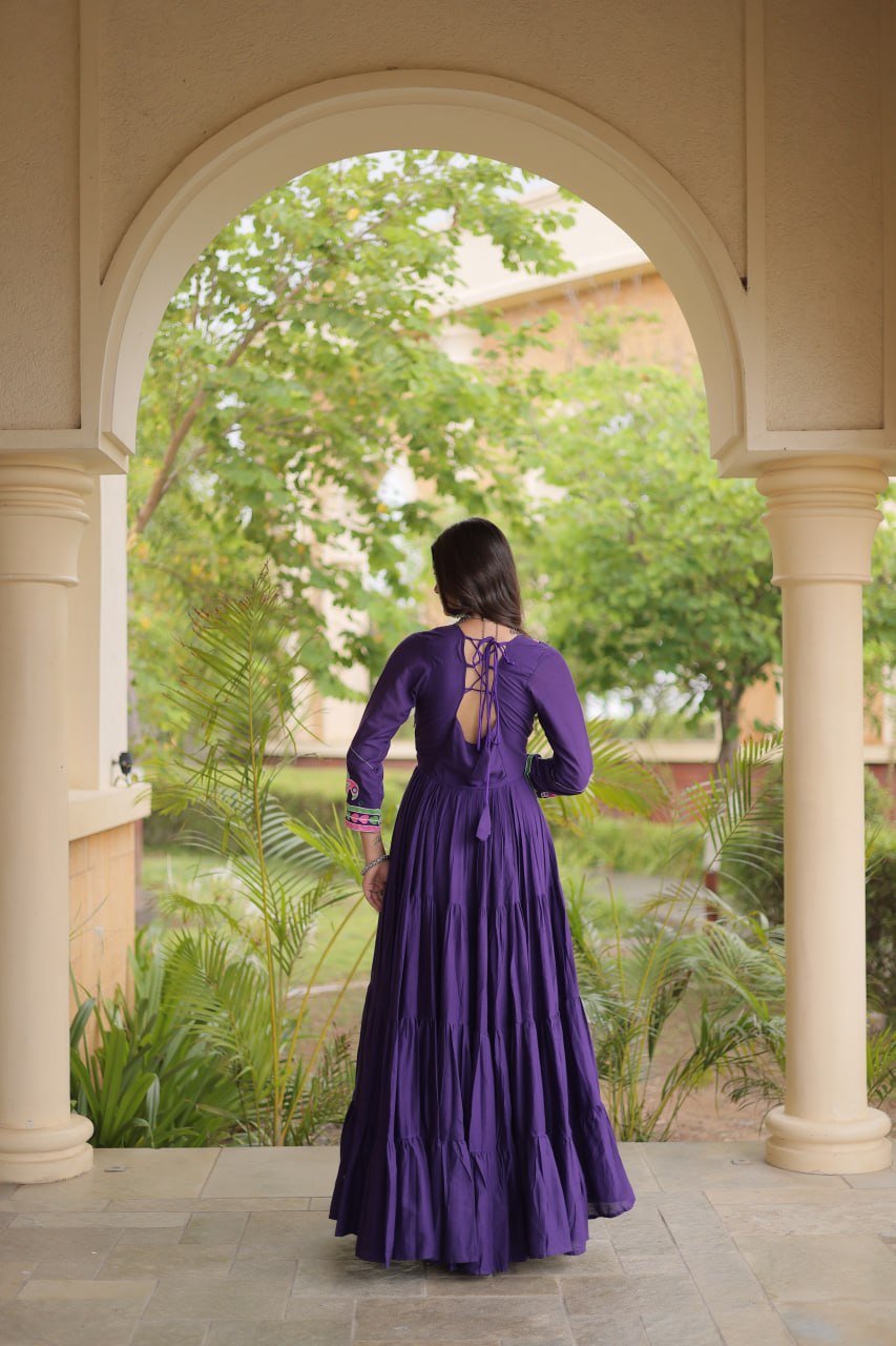 Royal Deep Purple Floral Embroidered Yoke Anarkali Gown with Grand Flared Ghera