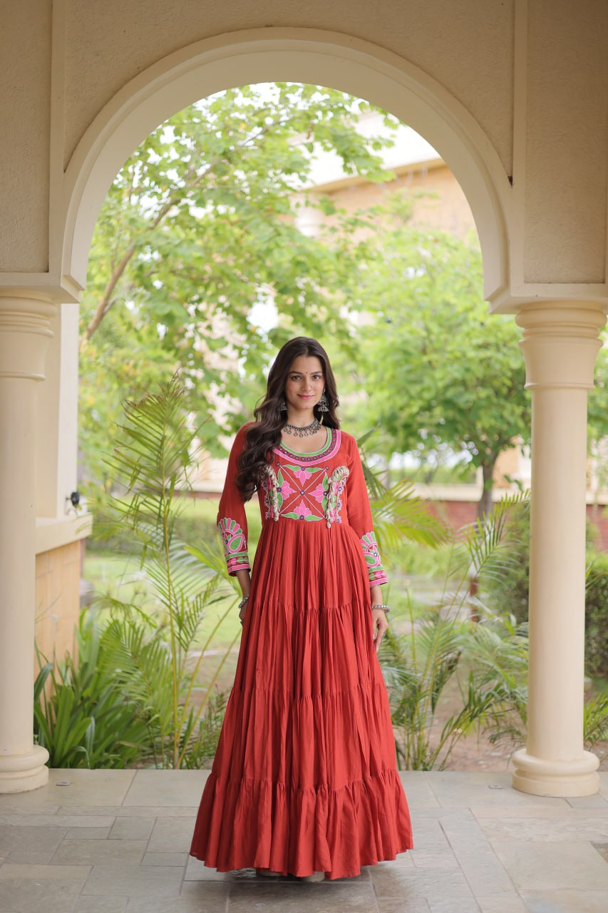 Royal Orange Floral Embroidered Yoke Anarkali Gown with Designer Sleeves and Grand Multi-Tiered Flared Ghera