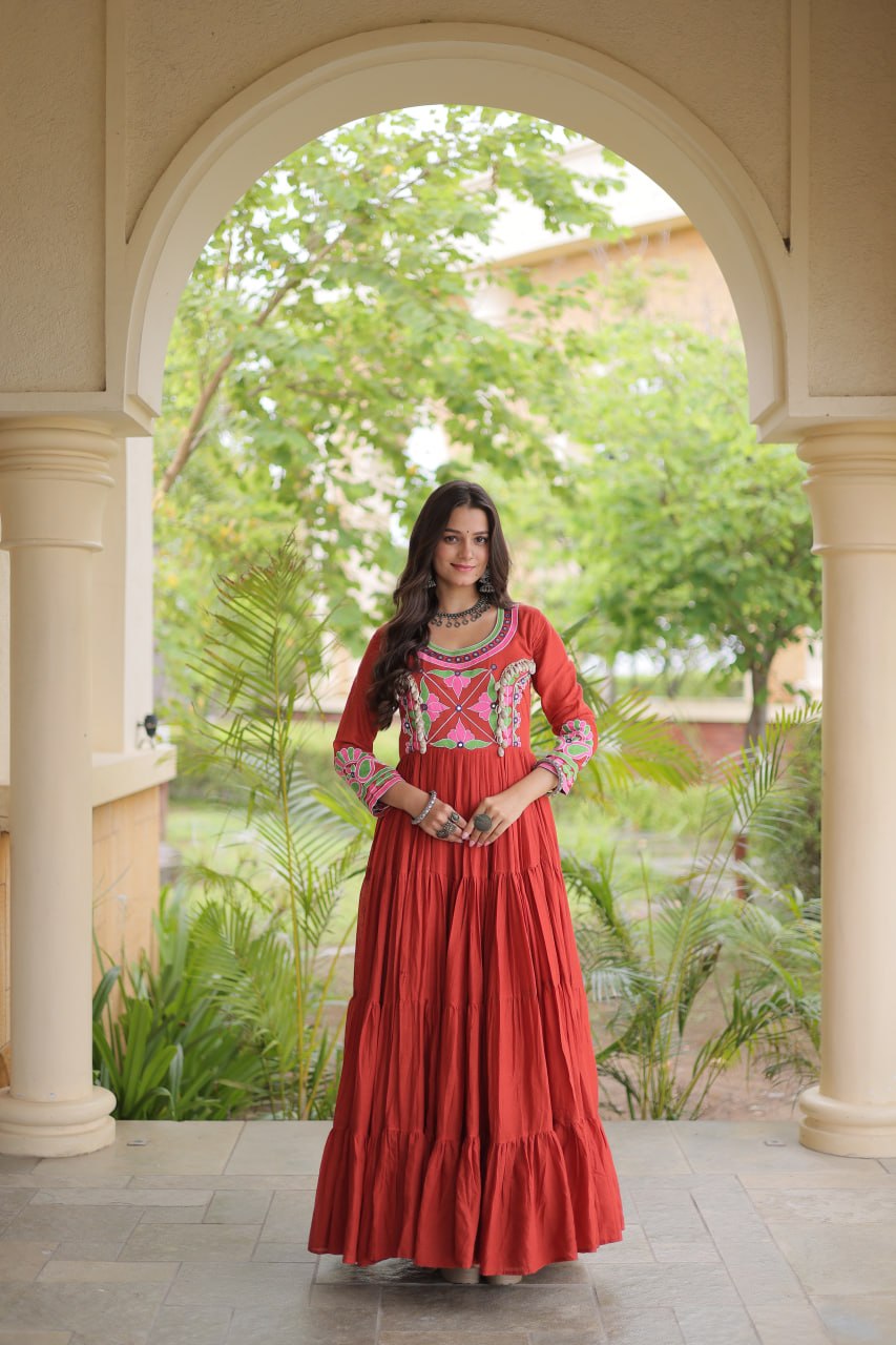 Royal Orange Floral Embroidered Yoke Anarkali Gown with Designer Sleeves and Grand Multi-Tiered Flared Ghera