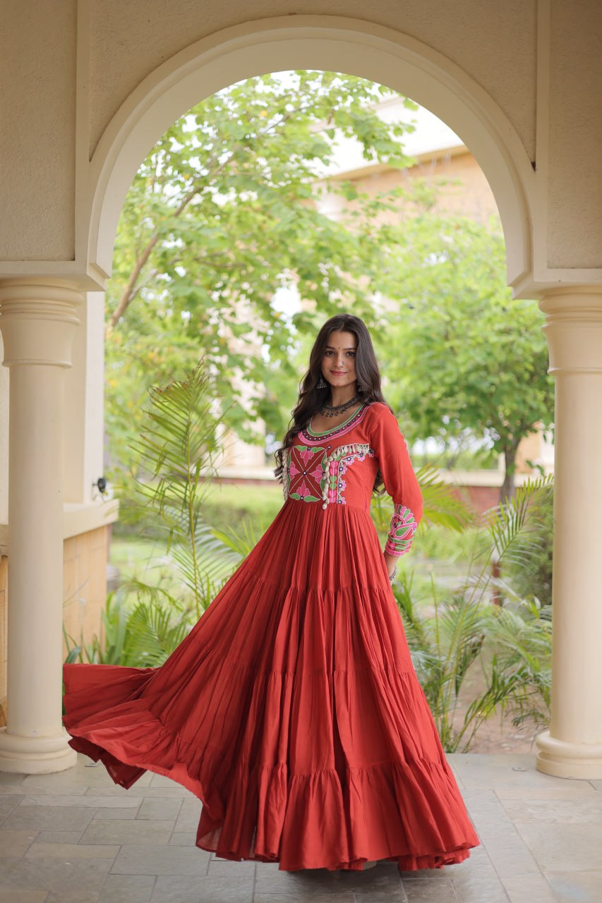Royal Orange Floral Embroidered Yoke Anarkali Gown with Designer Sleeves and Grand Multi-Tiered Flared Ghera