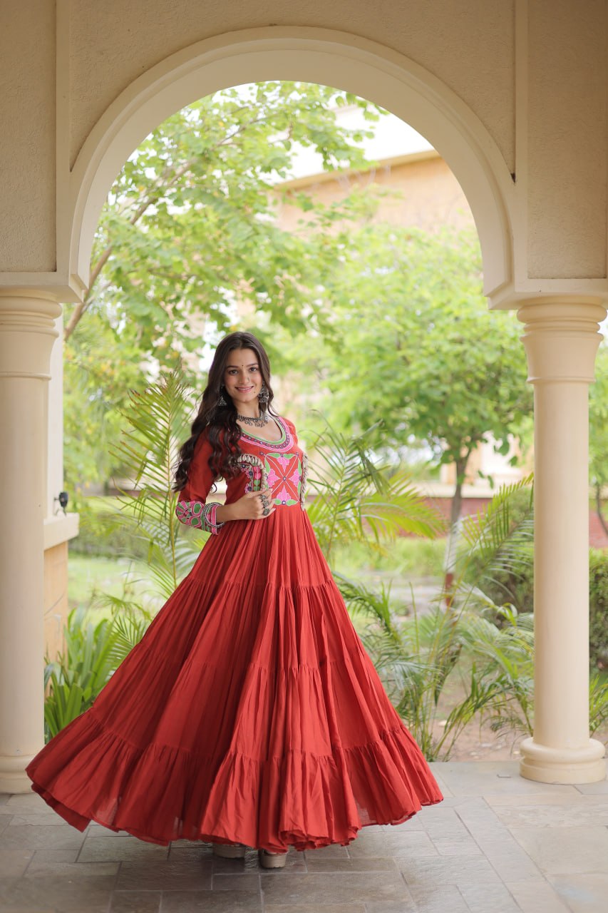Royal Orange Floral Embroidered Yoke Anarkali Gown with Designer Sleeves and Grand Multi-Tiered Flared Ghera