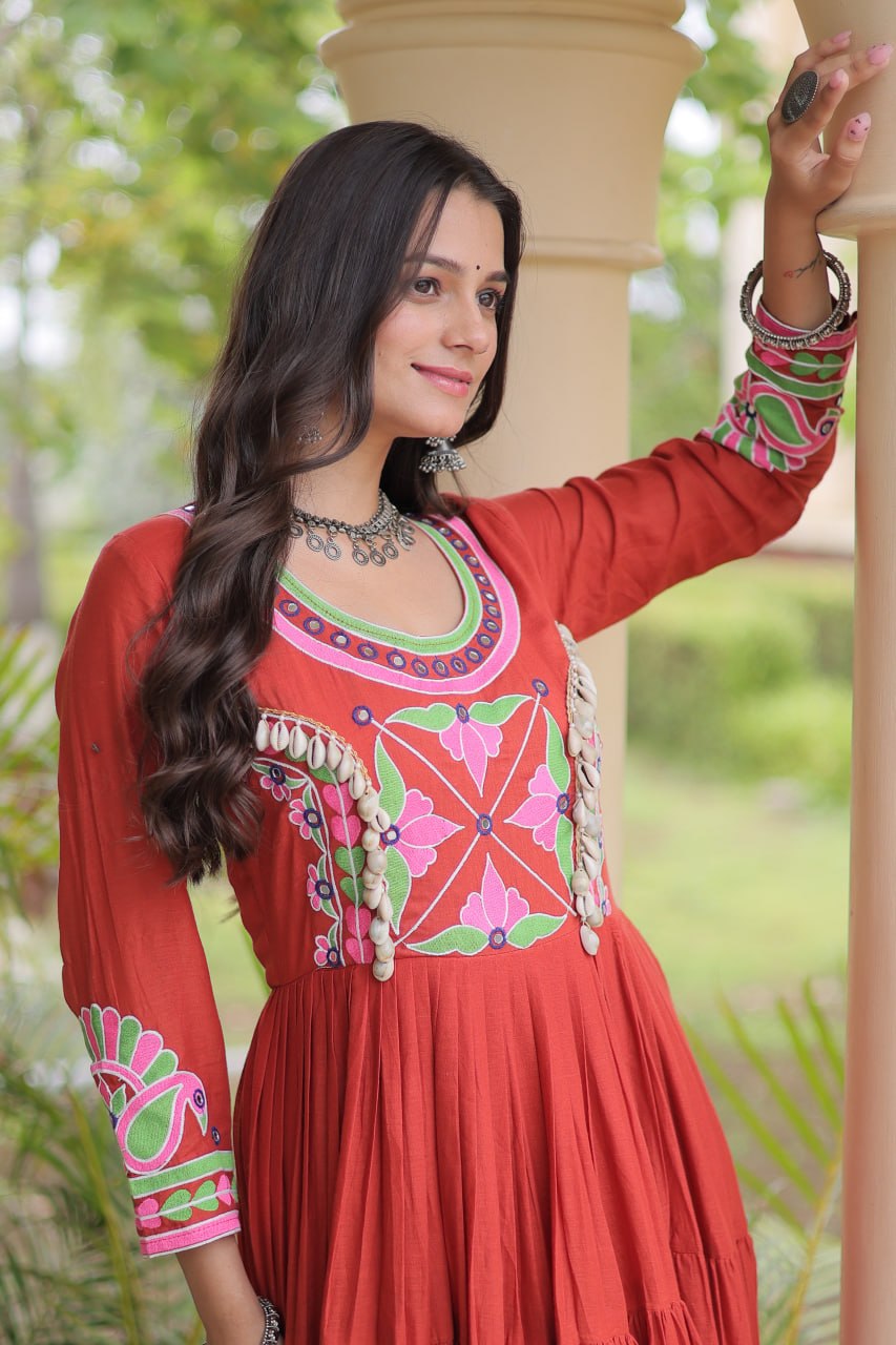 Royal Orange Floral Embroidered Yoke Anarkali Gown with Designer Sleeves and Grand Multi-Tiered Flared Ghera