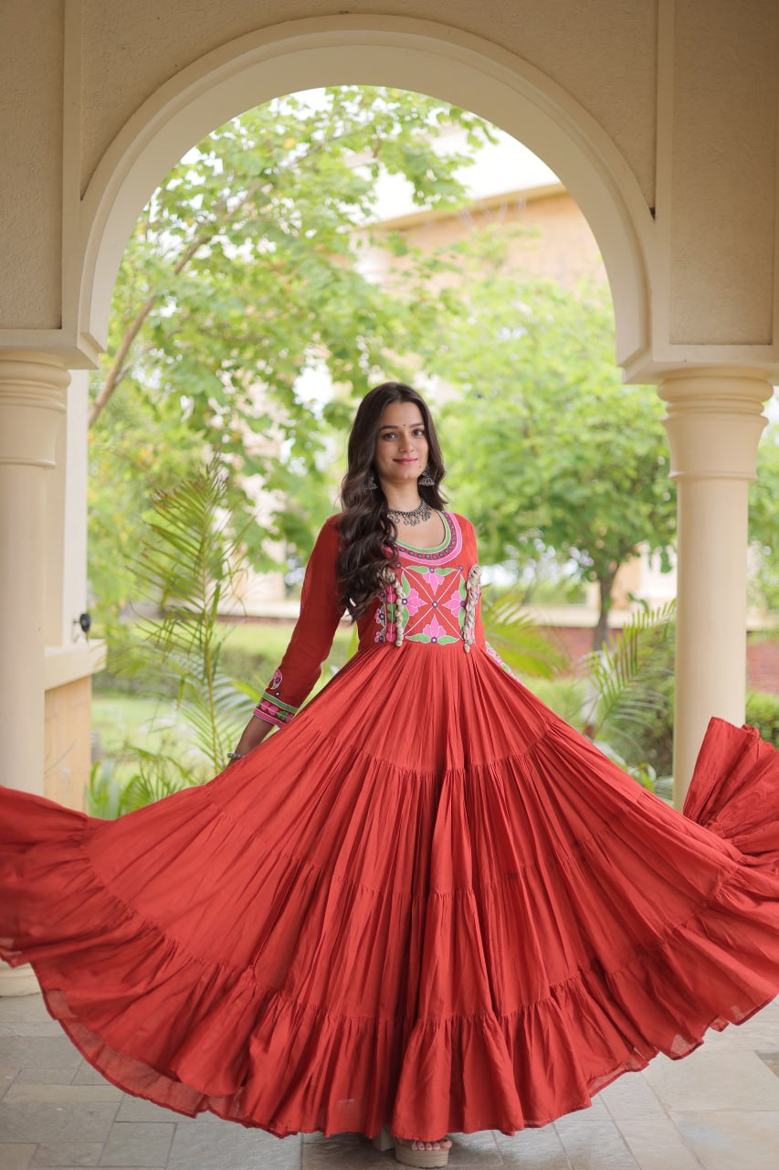 Royal Orange Floral Embroidered Yoke Anarkali Gown with Designer Sleeves and Grand Multi-Tiered Flared Ghera