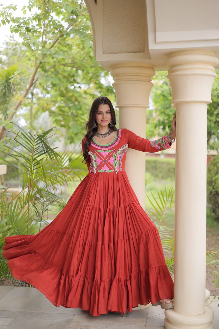 Royal Orange Floral Embroidered Yoke Anarkali Gown with Designer Sleeves and Grand Multi-Tiered Flared Ghera