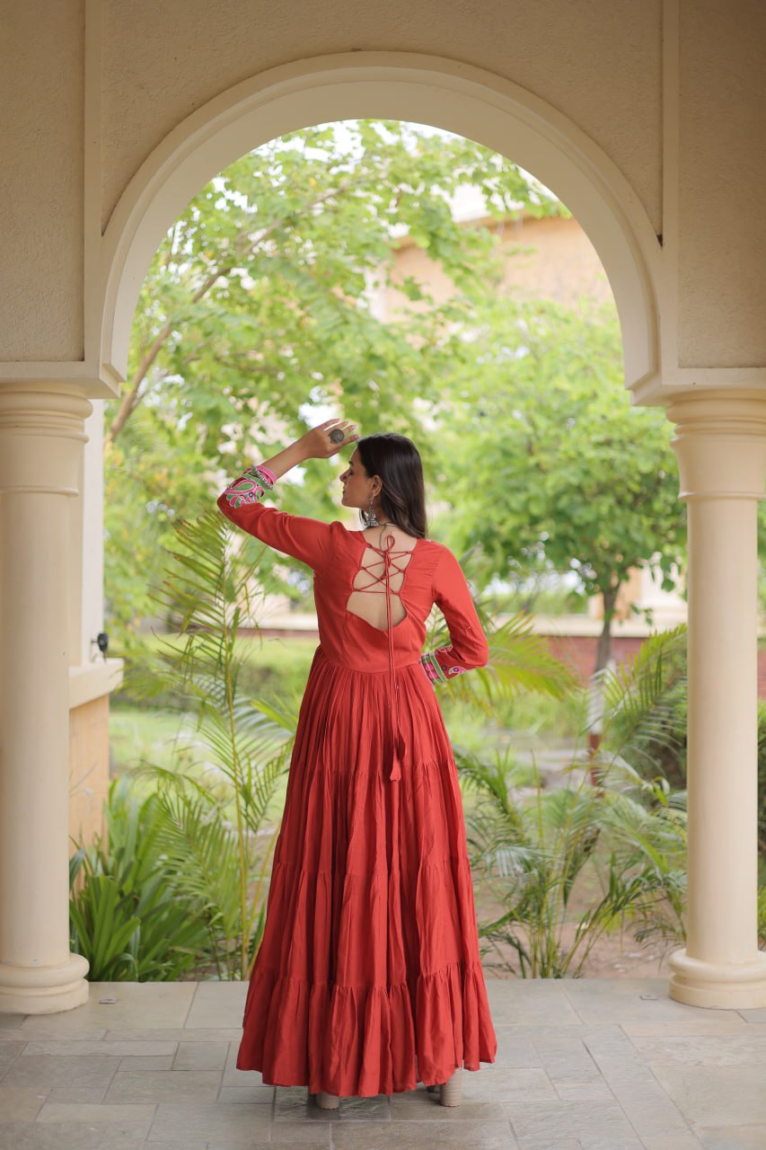 Royal Orange Floral Embroidered Yoke Anarkali Gown with Designer Sleeves and Grand Multi-Tiered Flared Ghera