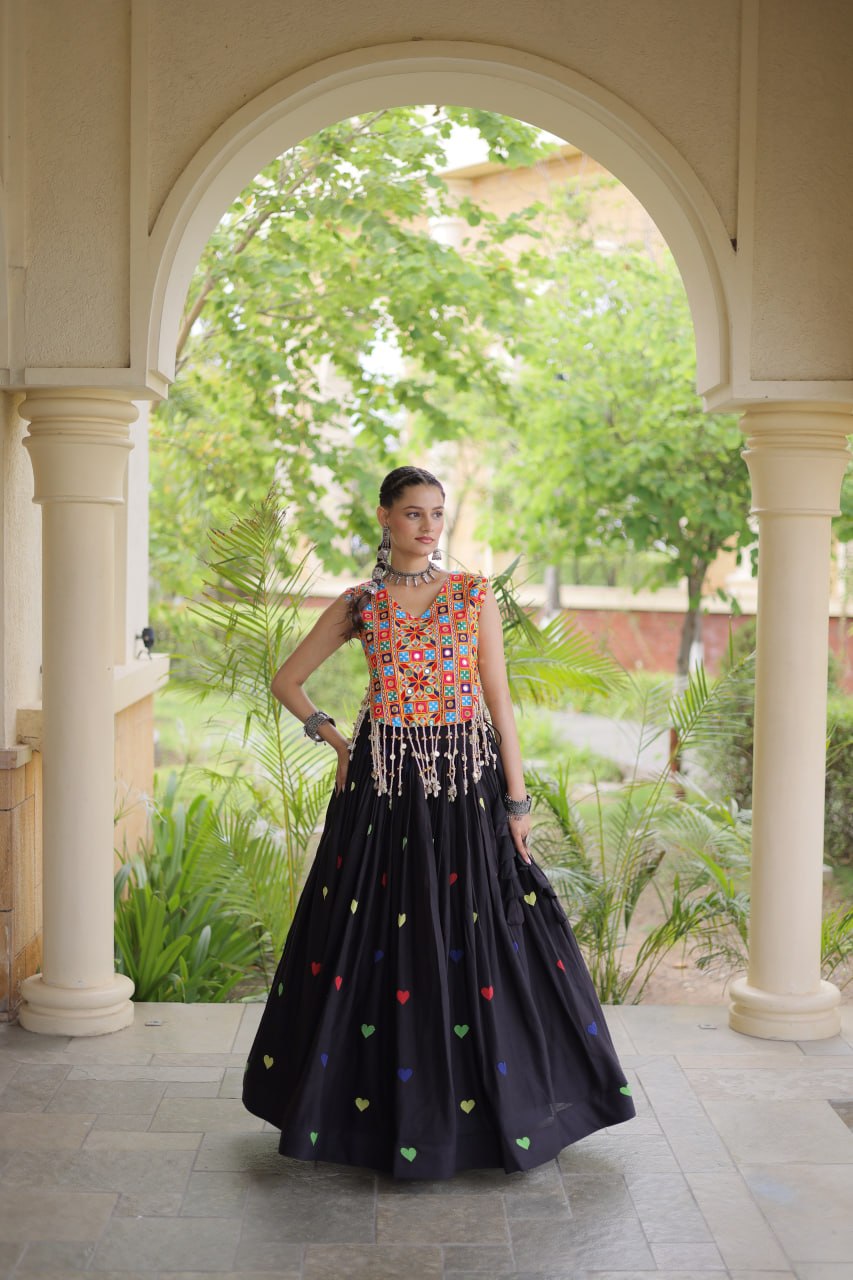Navratri Special Multicolor Kutchi Work Choli with Black Heart Motif Lehenga