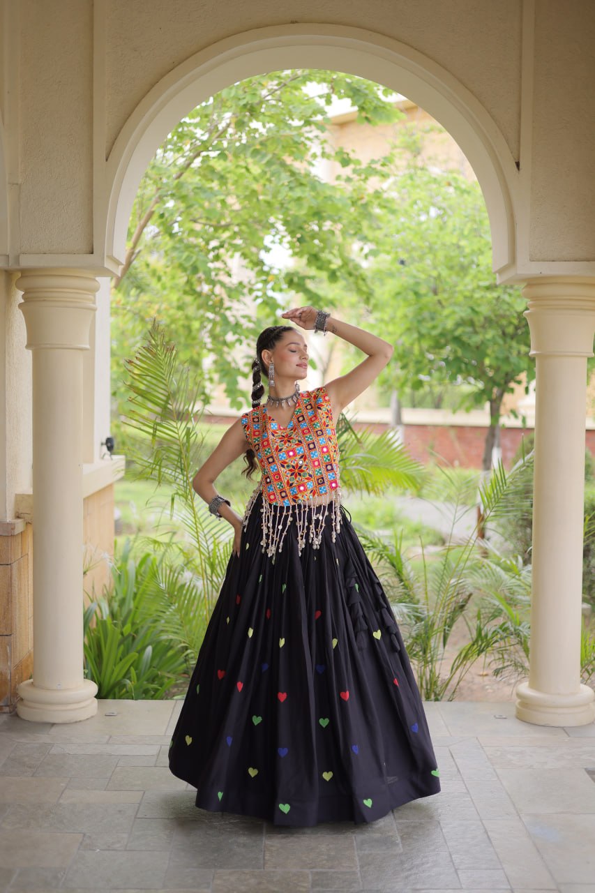 Navratri Special Multicolor Kutchi Work Choli with Black Heart Motif Lehenga