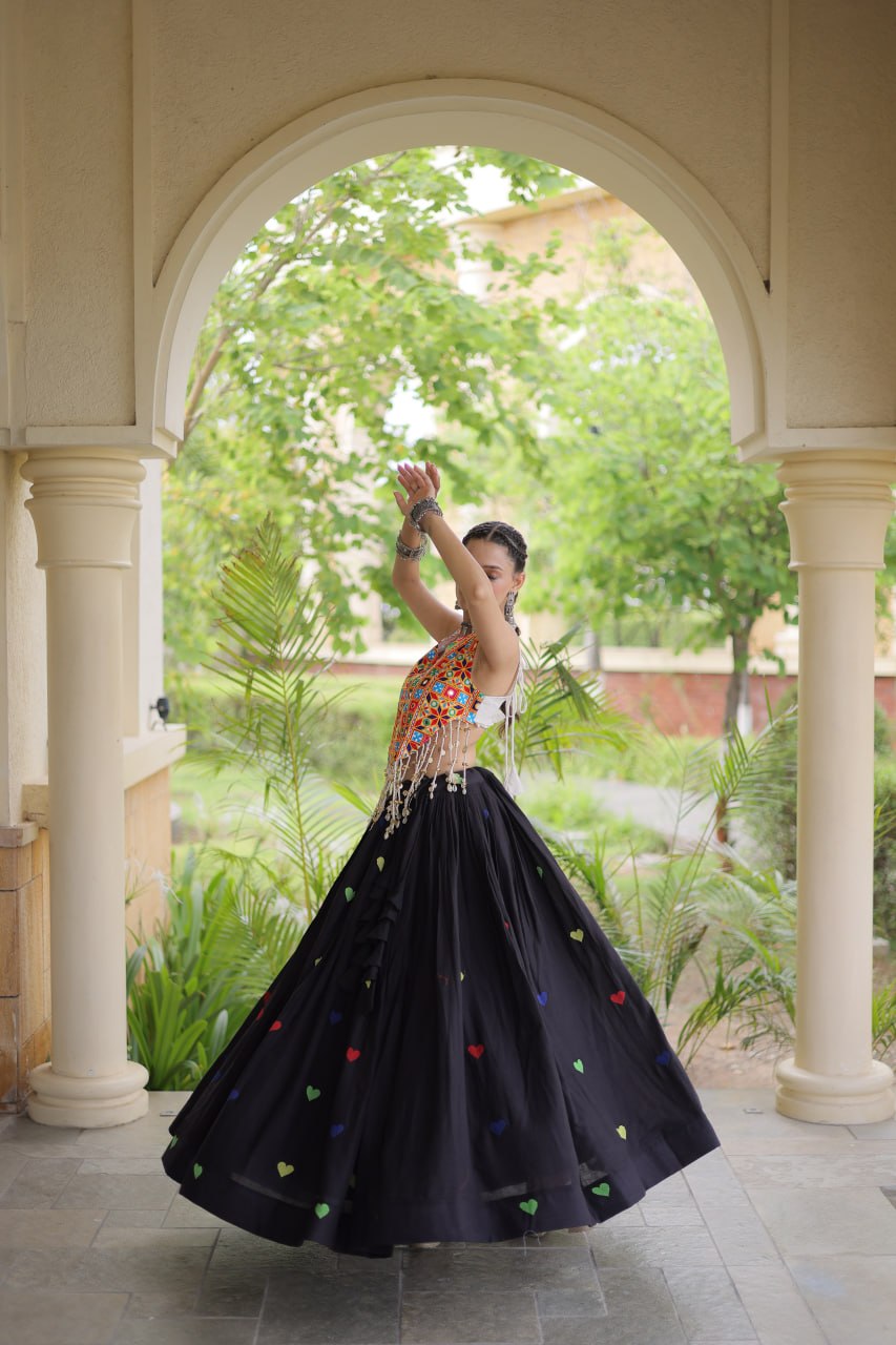 Navratri Special Multicolor Kutchi Work Choli with Black Heart Motif Lehenga