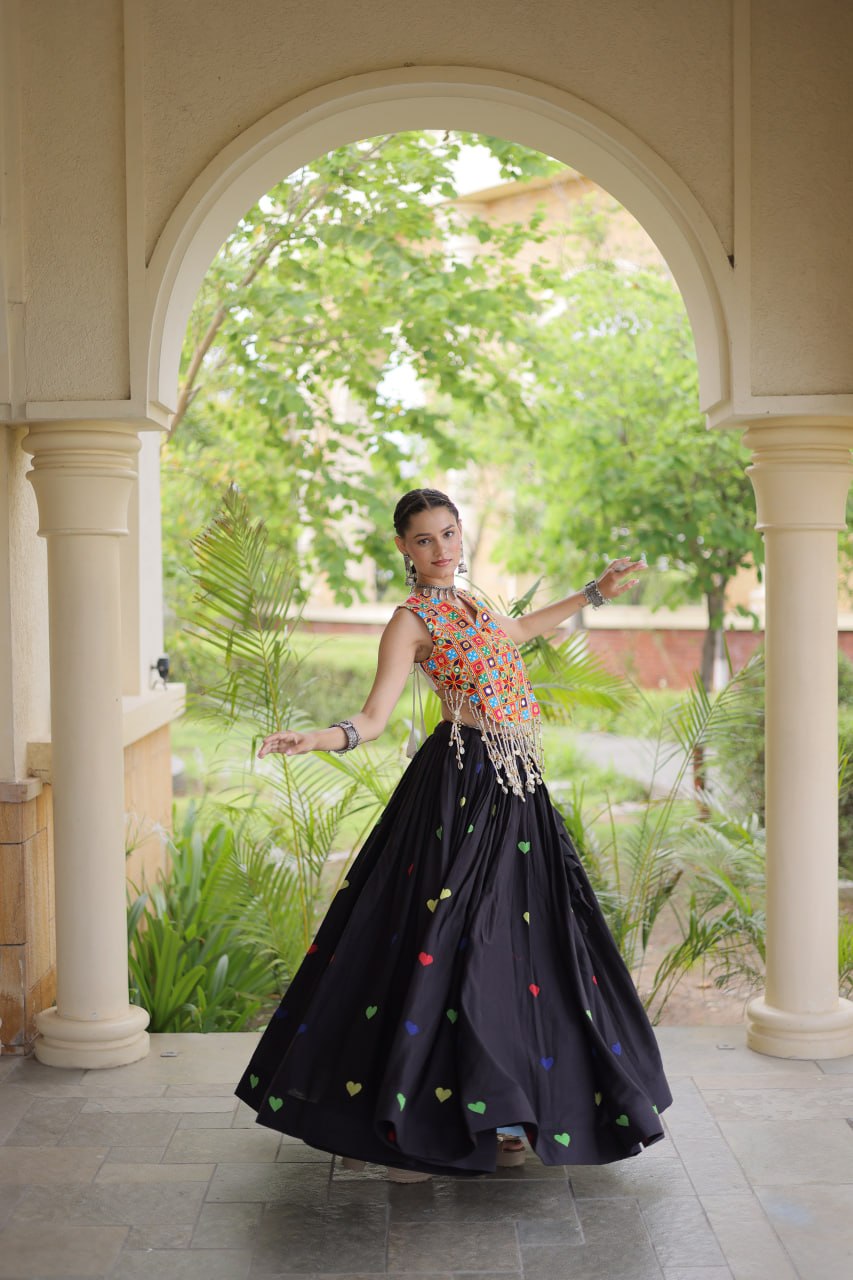 Navratri Special Multicolor Kutchi Work Choli with Black Heart Motif Lehenga