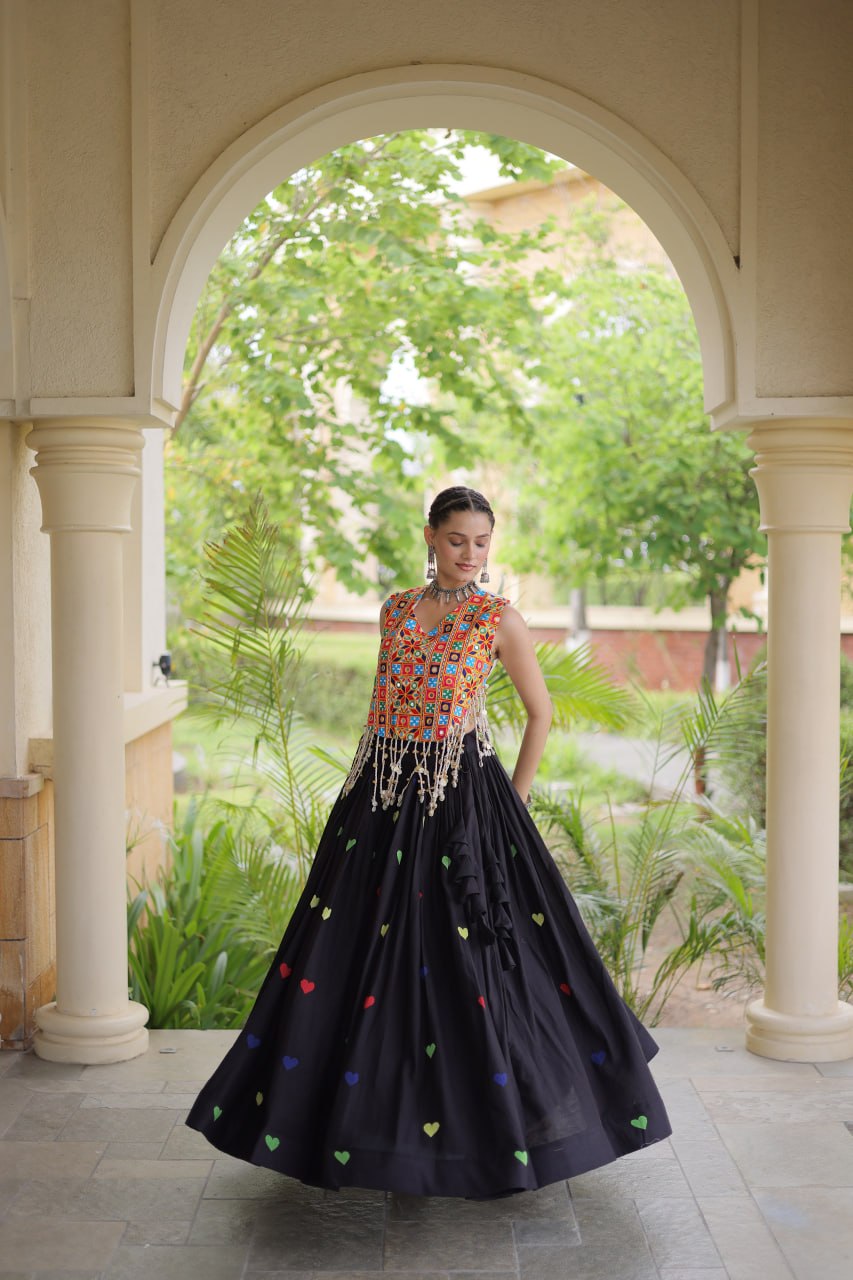 Navratri Special Multicolor Kutchi Work Choli with Black Heart Motif Lehenga