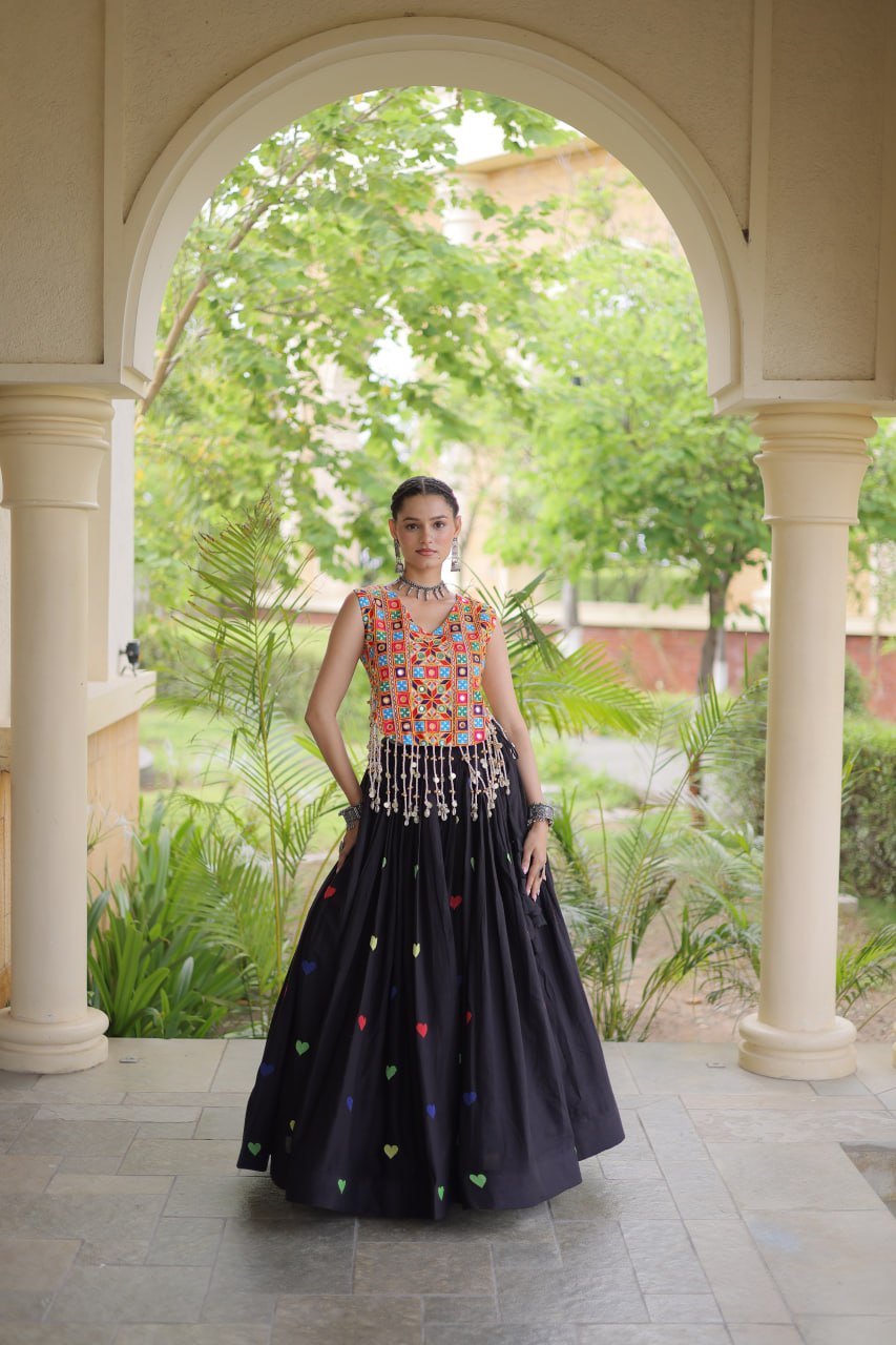 Navratri Special Multicolor Kutchi Work Choli with Black Heart Motif Lehenga