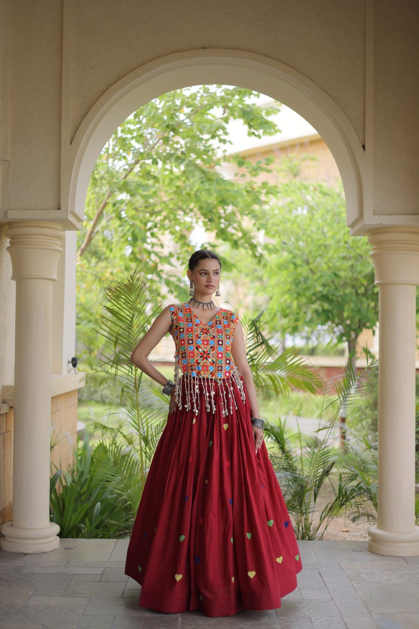 Royal Maroon Navratri Kutchi Work Choli with Heart Motif Lehenga