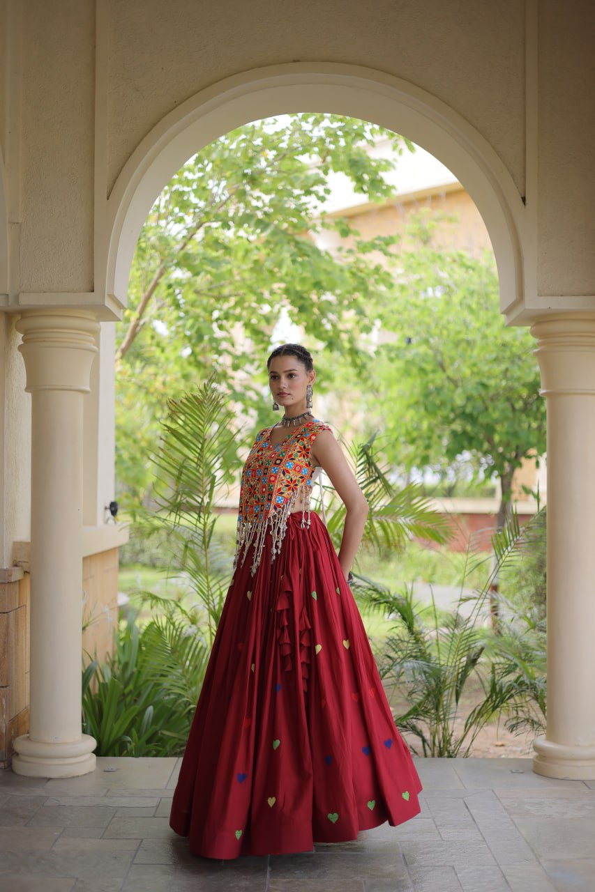 Royal Maroon Navratri Kutchi Work Choli with Heart Motif Lehenga