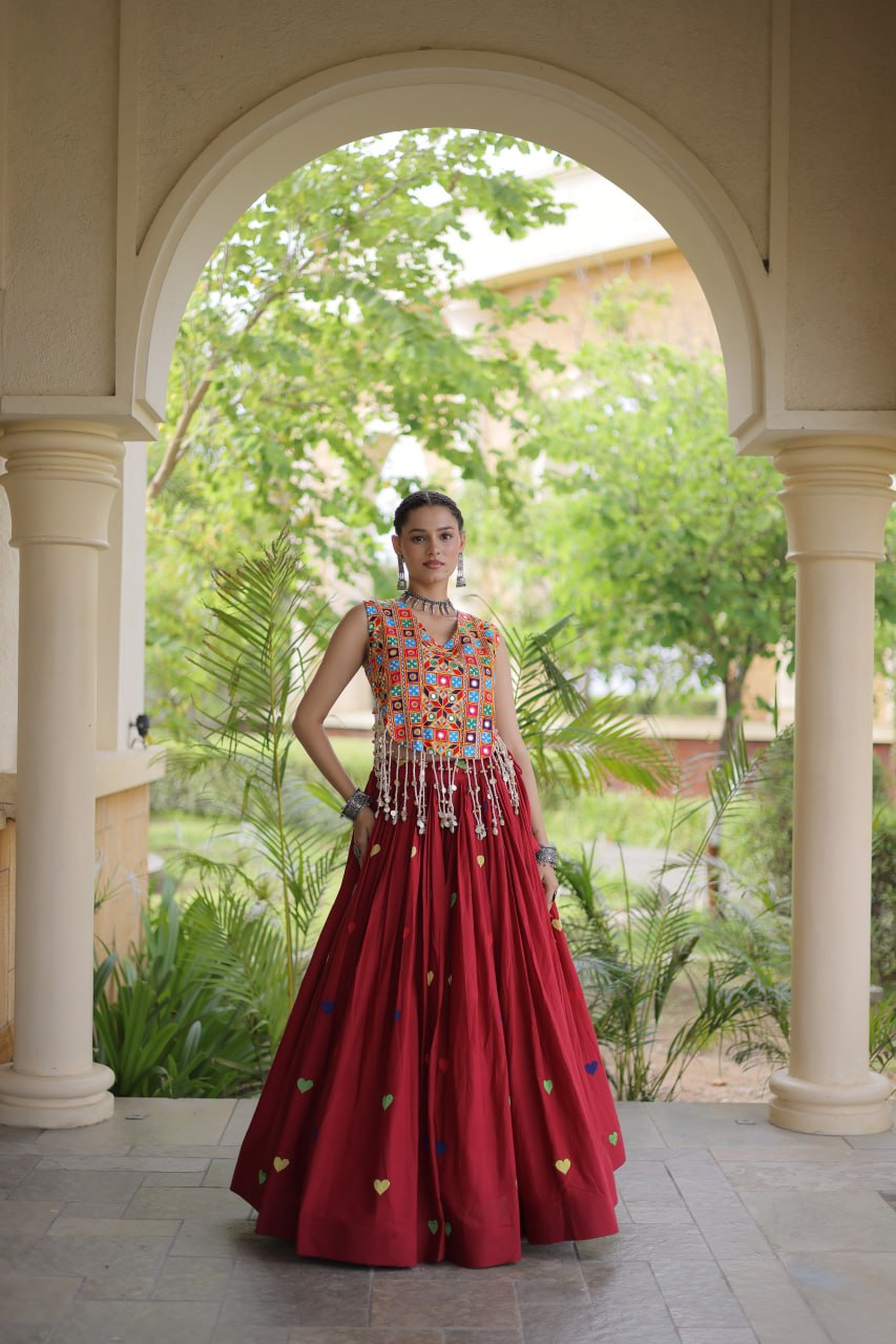 Royal Maroon Navratri Kutchi Work Choli with Heart Motif Lehenga