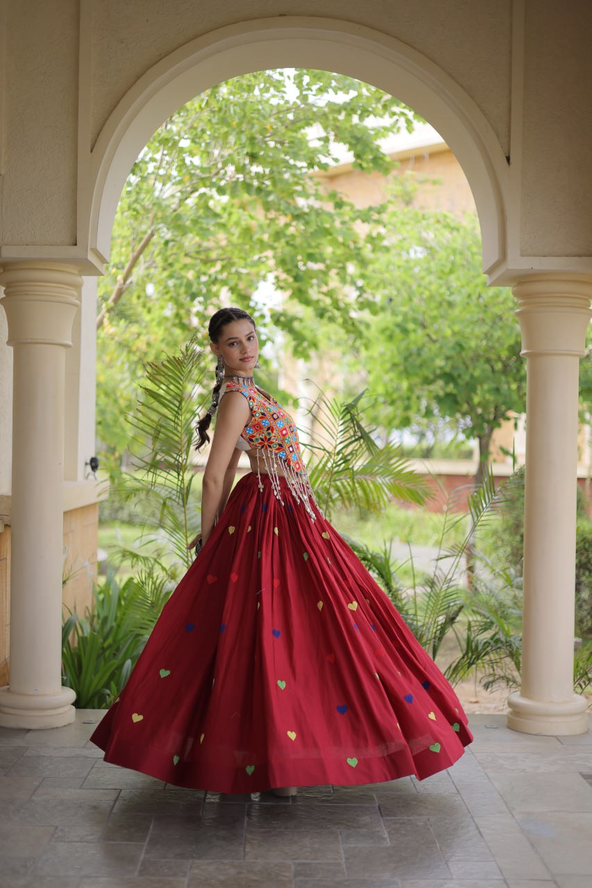 Royal Maroon Navratri Kutchi Work Choli with Heart Motif Lehenga
