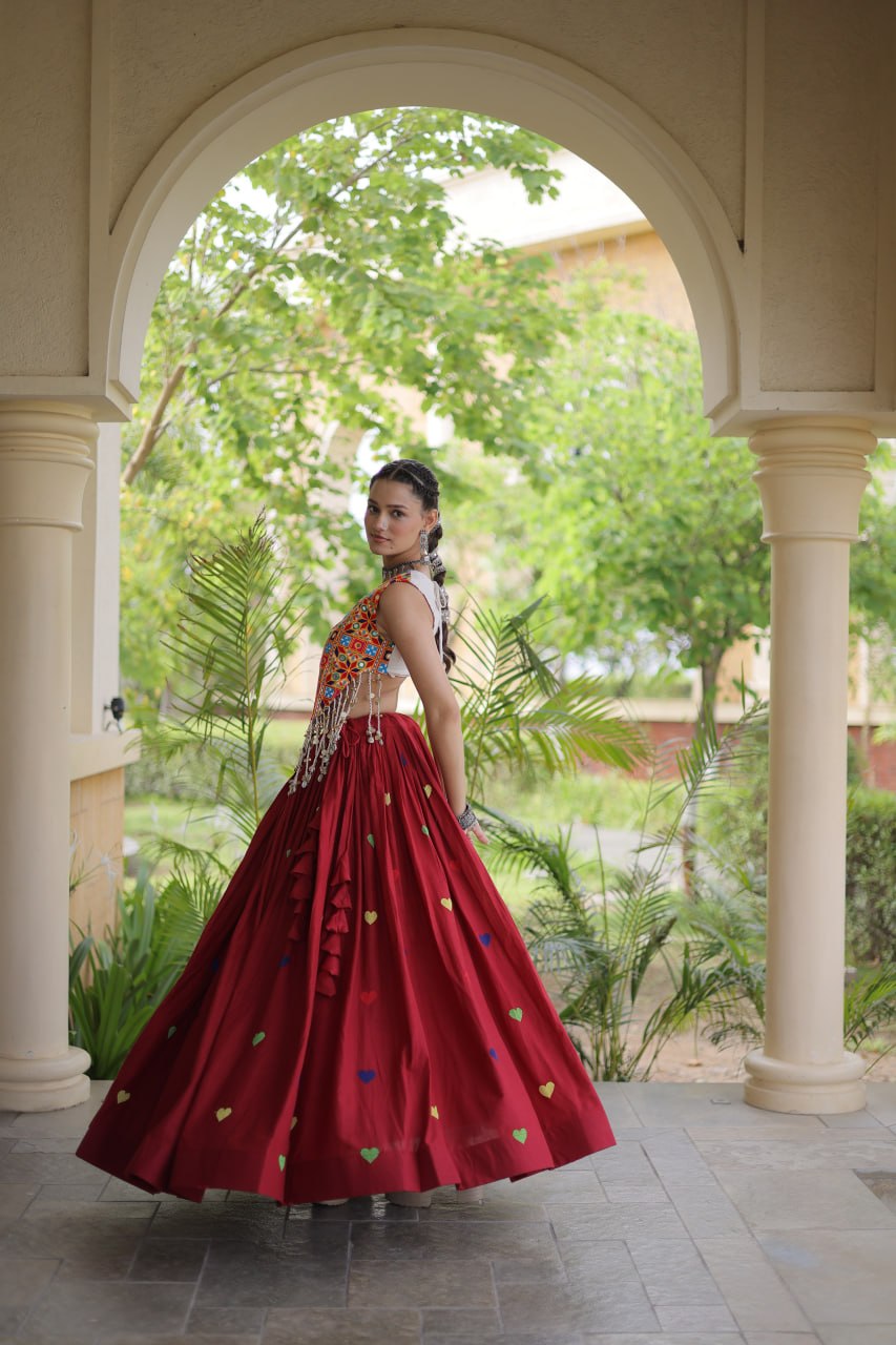 Royal Maroon Navratri Kutchi Work Choli with Heart Motif Lehenga