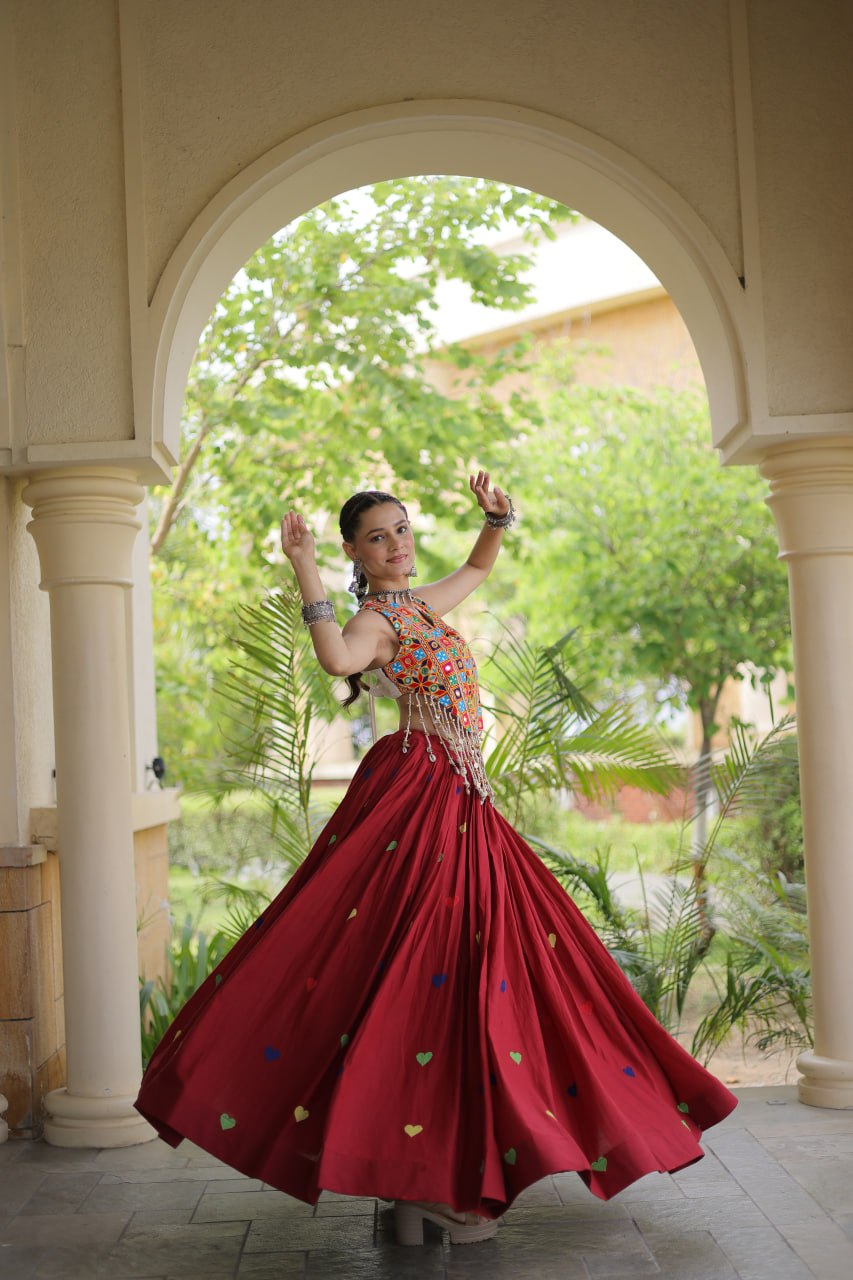 Royal Maroon Navratri Kutchi Work Choli with Heart Motif Lehenga