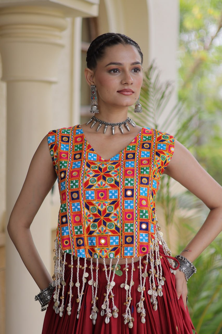 Royal Maroon Navratri Kutchi Work Choli with Heart Motif Lehenga