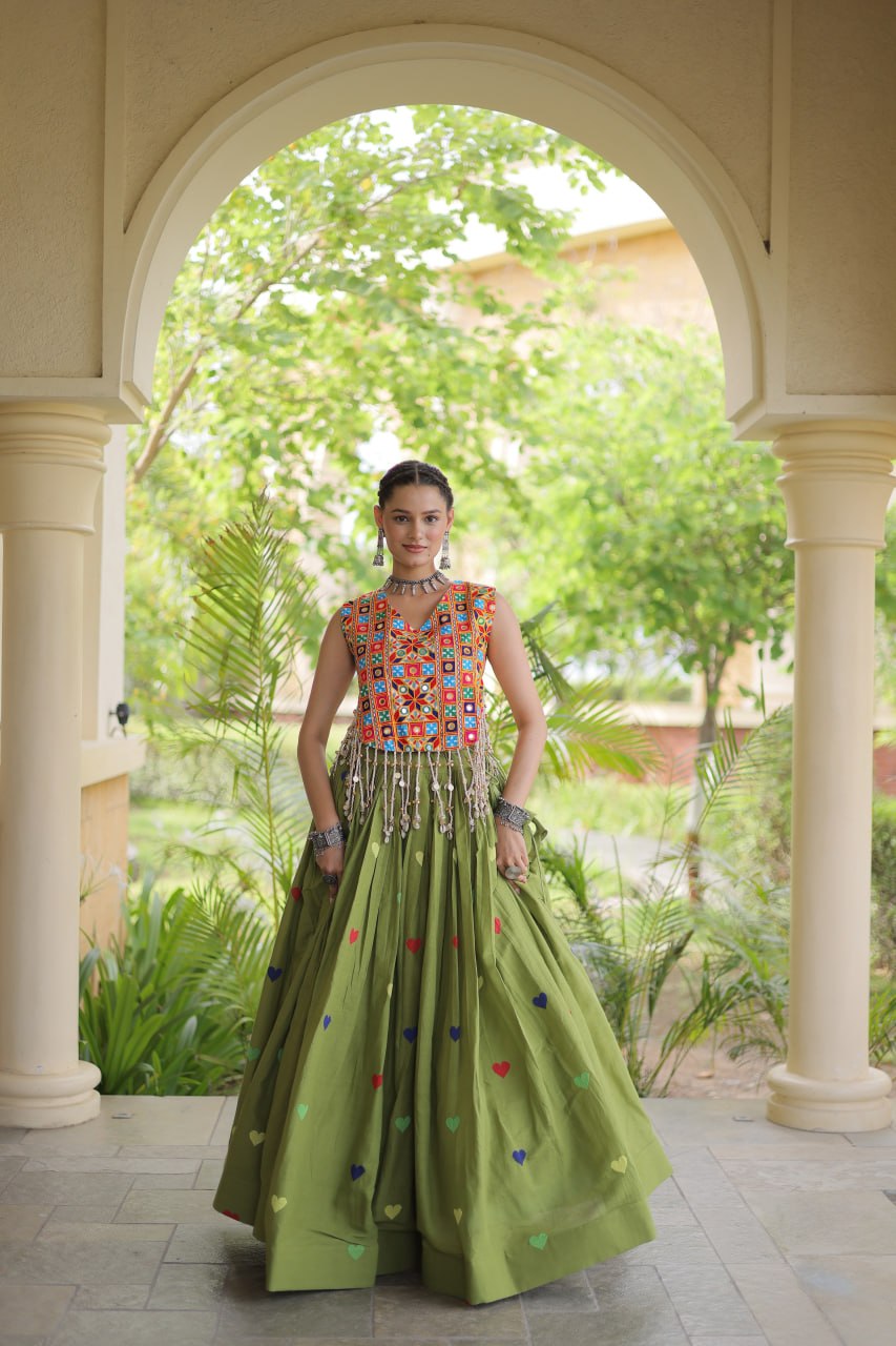 Navratri Special Multicolor Kutchi Work Choli with Olive Green Heart Motif Lehenga