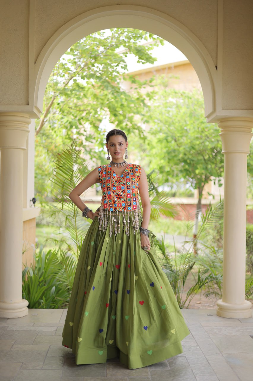 Navratri Special Multicolor Kutchi Work Choli with Olive Green Heart Motif Lehenga