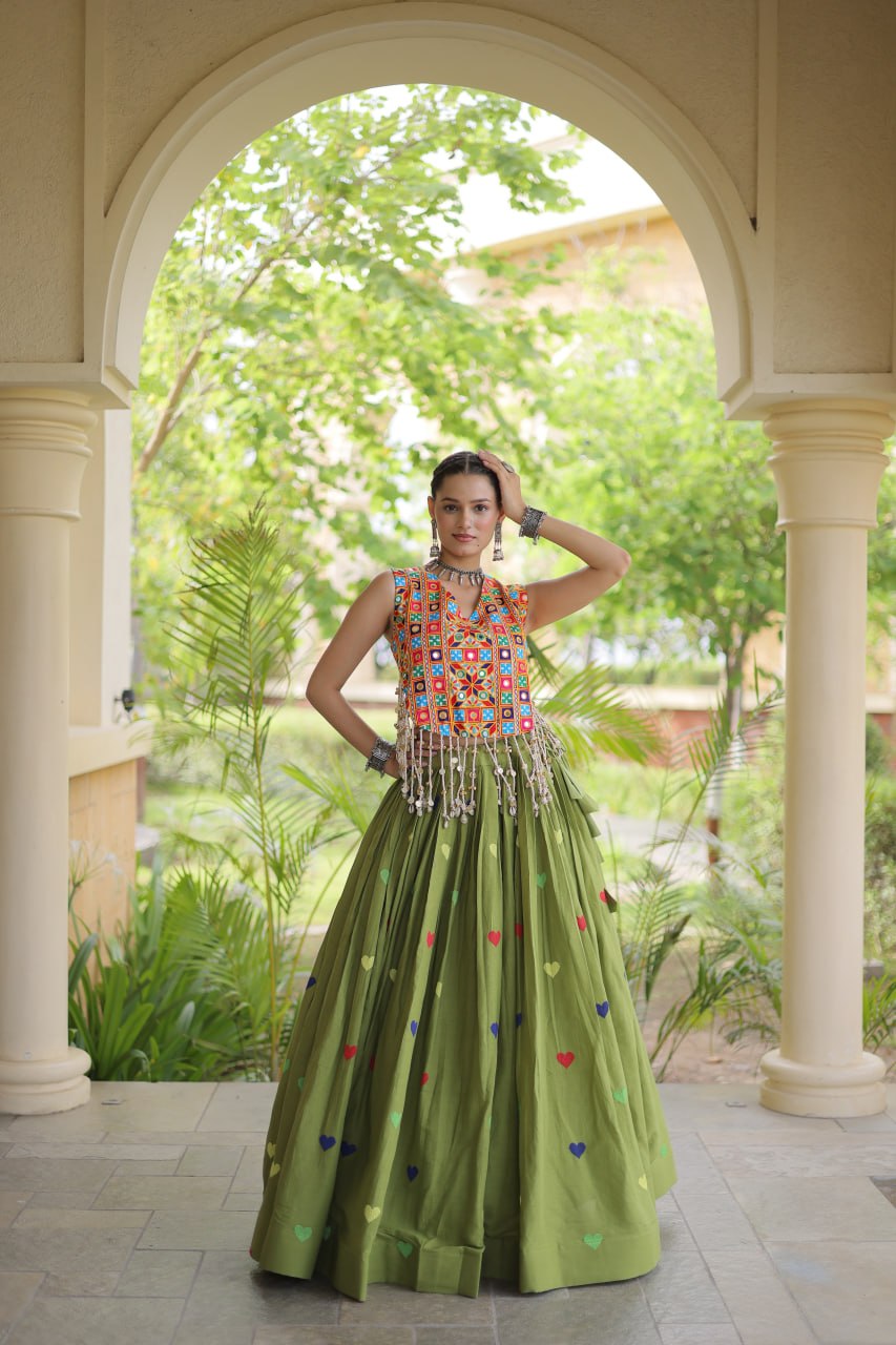 Navratri Special Multicolor Kutchi Work Choli with Olive Green Heart Motif Lehenga