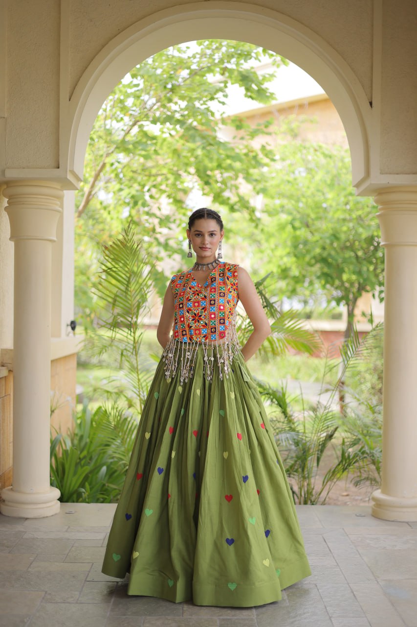 Navratri Special Multicolor Kutchi Work Choli with Olive Green Heart Motif Lehenga