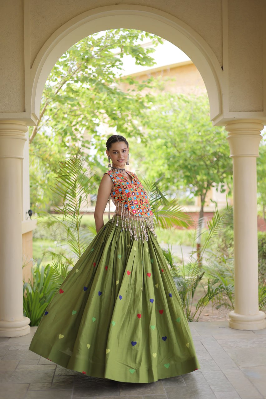 Navratri Special Multicolor Kutchi Work Choli with Olive Green Heart Motif Lehenga