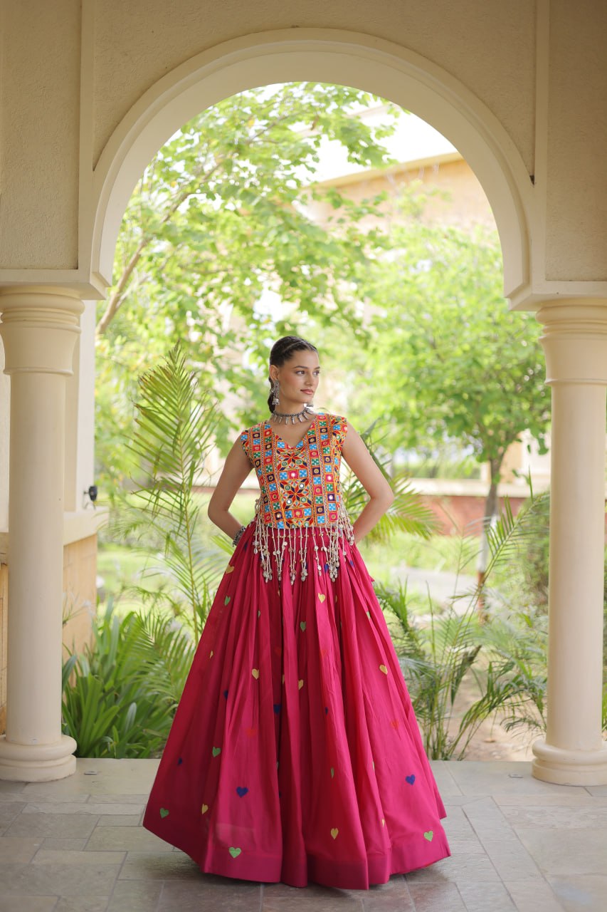 Navratri Special Multicolor Kutchi Work Choli with Pink Heart Motif Lehenga